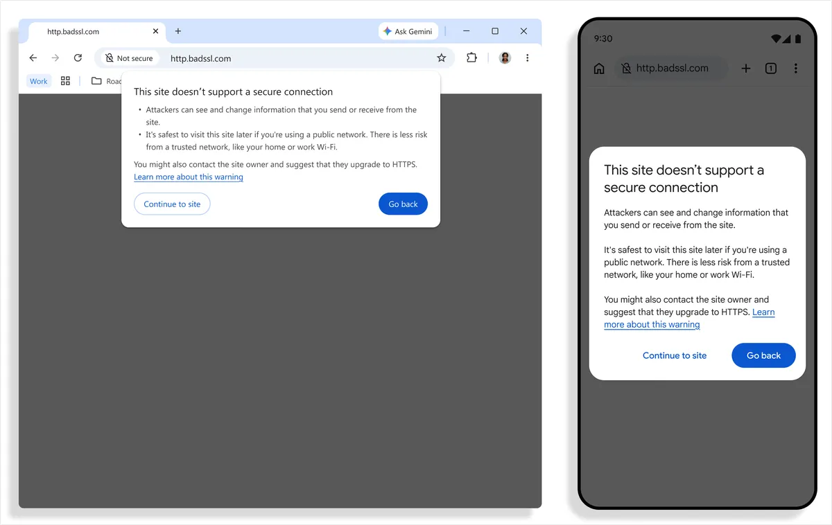 Aviso de Chrome en inglés antes de abrir una conexión sin cifrar, en una computadora y un teléfono