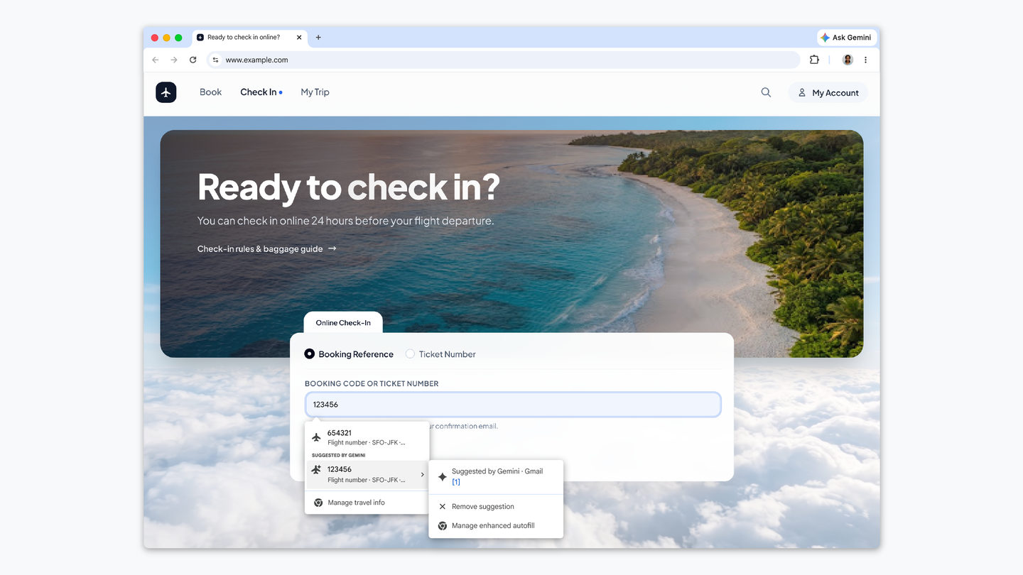 Demostración oficial de Chrome con una sugerencia de reserva procedente de Gmail y datos de ejemplo