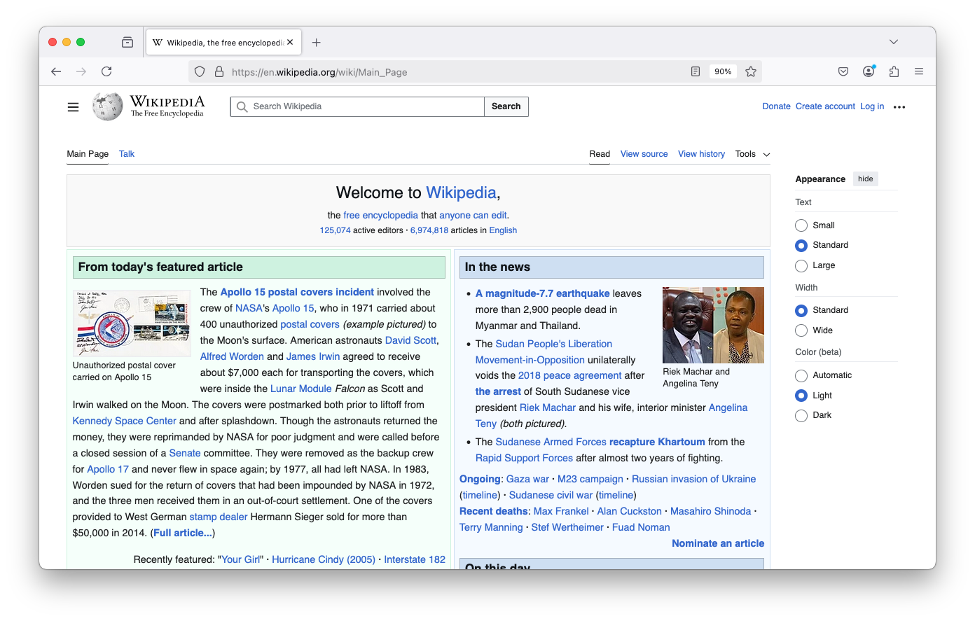 Firefox 136 en macOS muestra una portada histórica de Wikipedia.