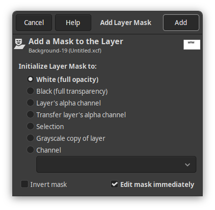 GIMP 3.2.0 Add Layer Mask dialog with the option to edit the mask immediately.