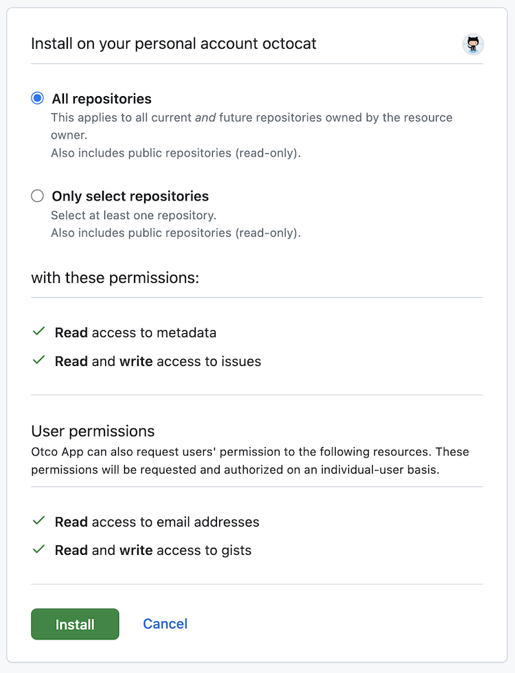Captura de GitHub Docs con una instalación de aplicación y los permisos que solicita.