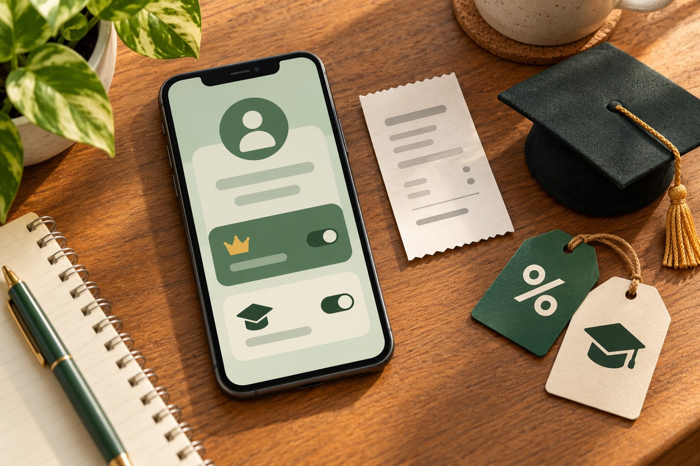 Generated illustration of a phone beside a graduation cap and a receipt
