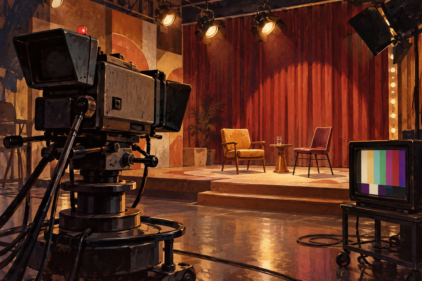 Generated illustration of a vintage television studio without people