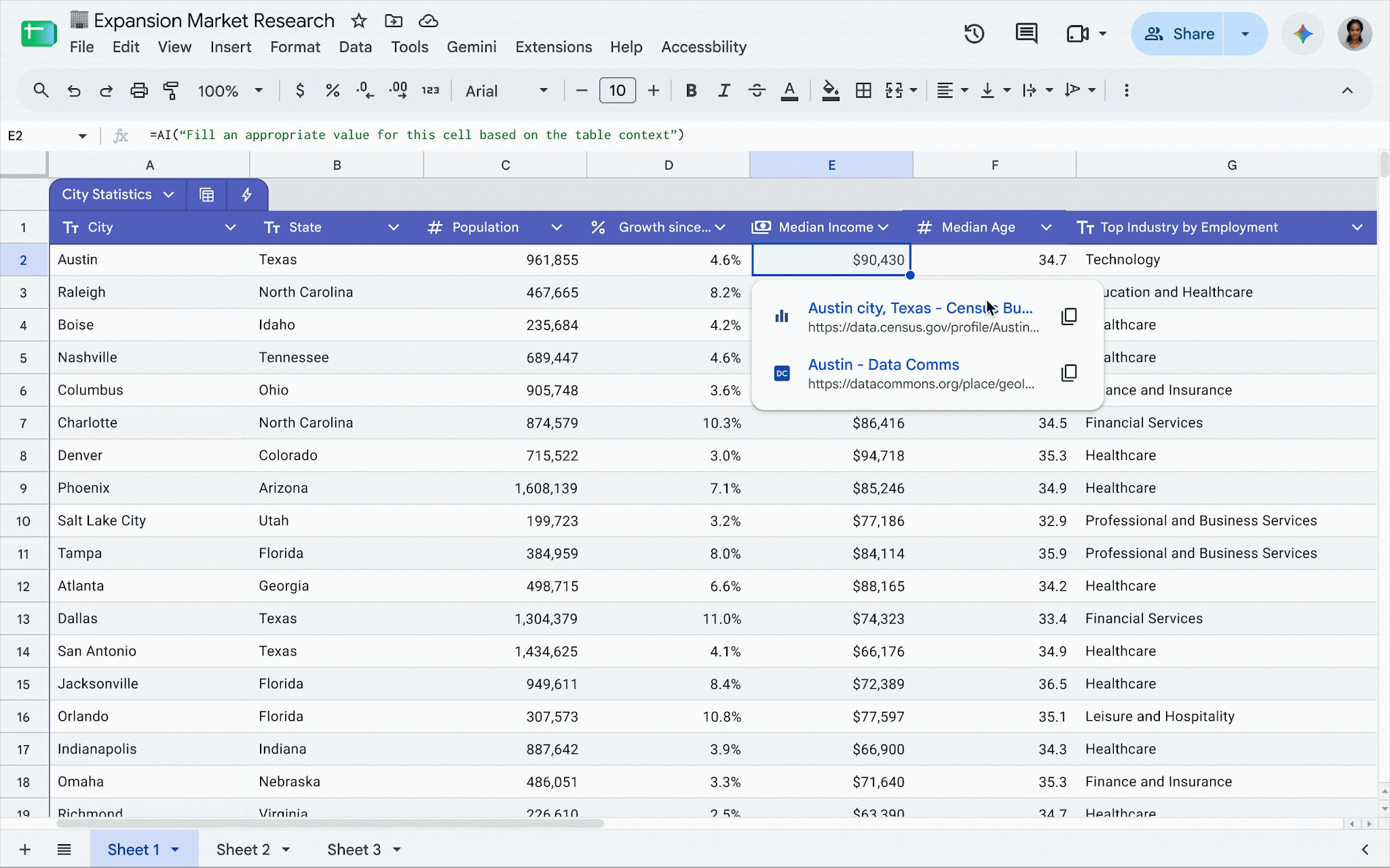 Frame from Google’s official Sheets demo showing web sources for a cell